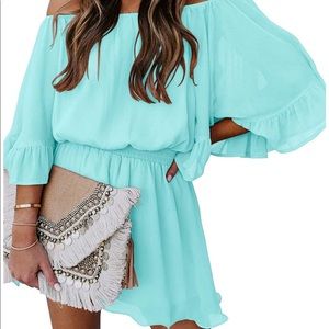 Sky blue off the shoulder ruffle sleeve romper 🦋